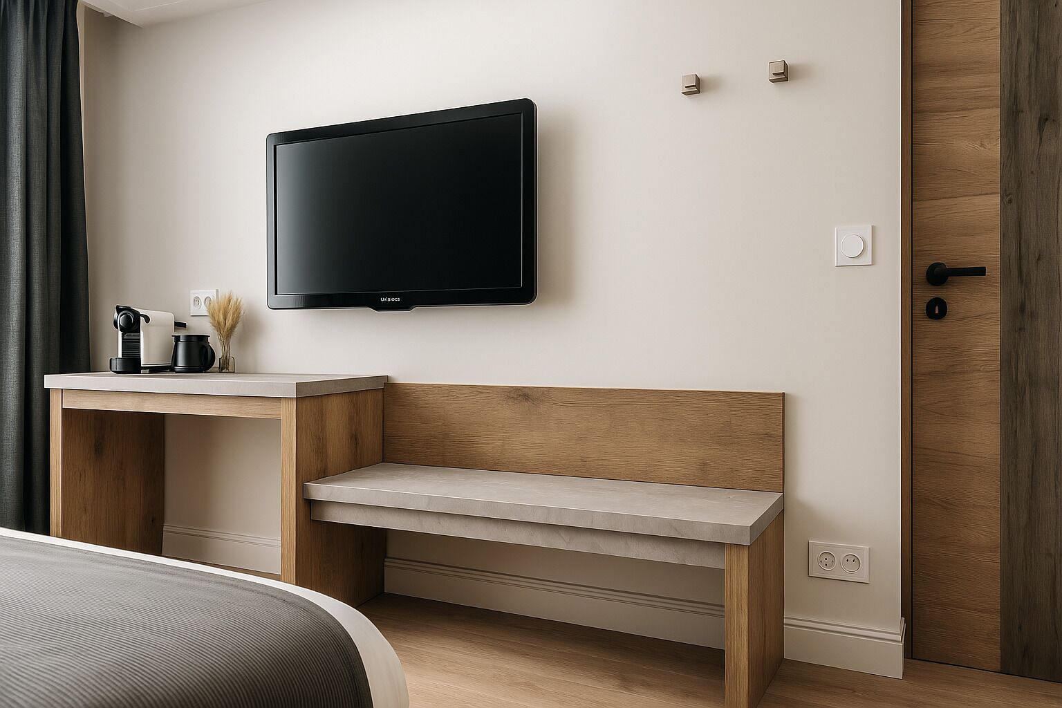 Una moderna camera d'albergo con una panca imbottita in legno a caposangue, una TV a schermo piatto montata a parete e un comodino con una macchina per il caffè e un vaso di fiori secchi.