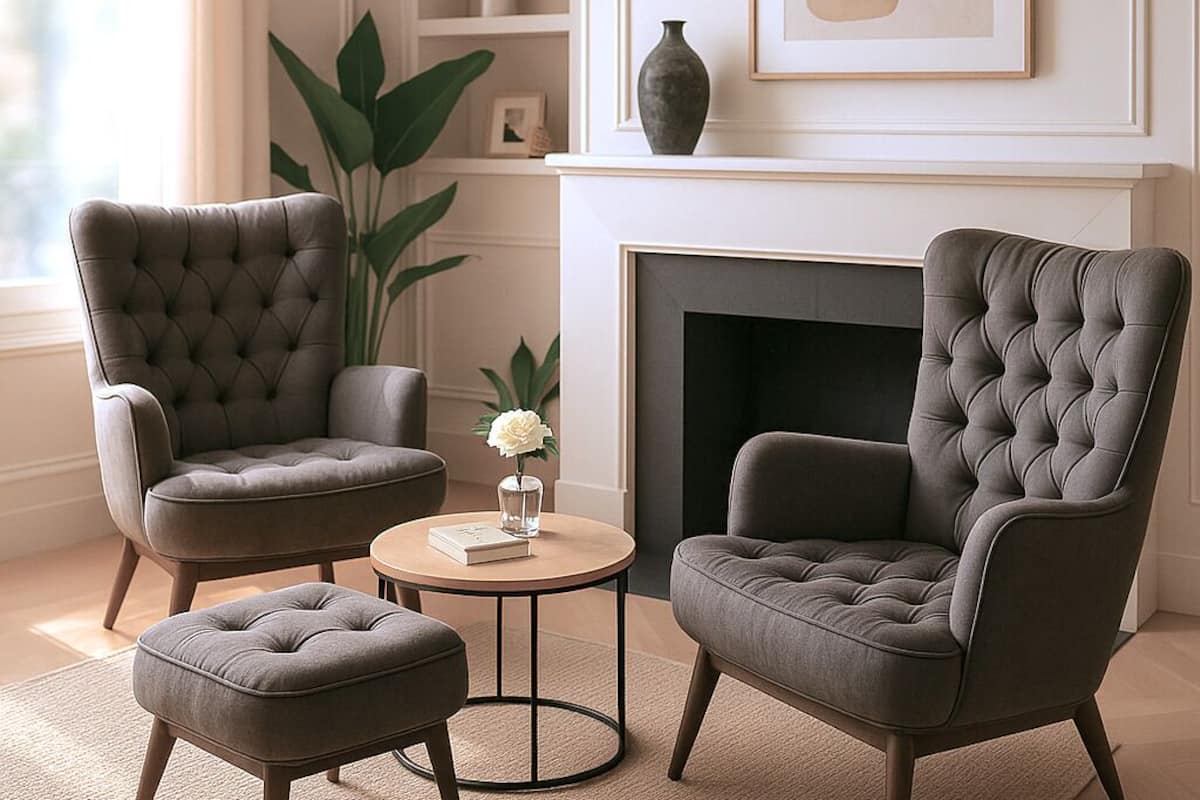 Ein Wohnzimmer mit zwei grauen Polstersesseln, einem runden Couchtisch und einem Kamin.