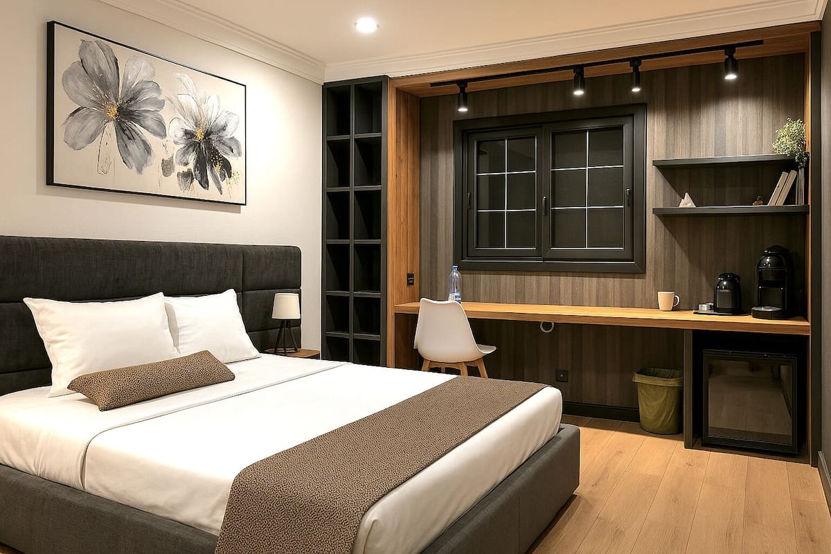 Ein modernes Schlafzimmer mit einem großen Bett, einem Schreibtisch und einem Bücherregal.