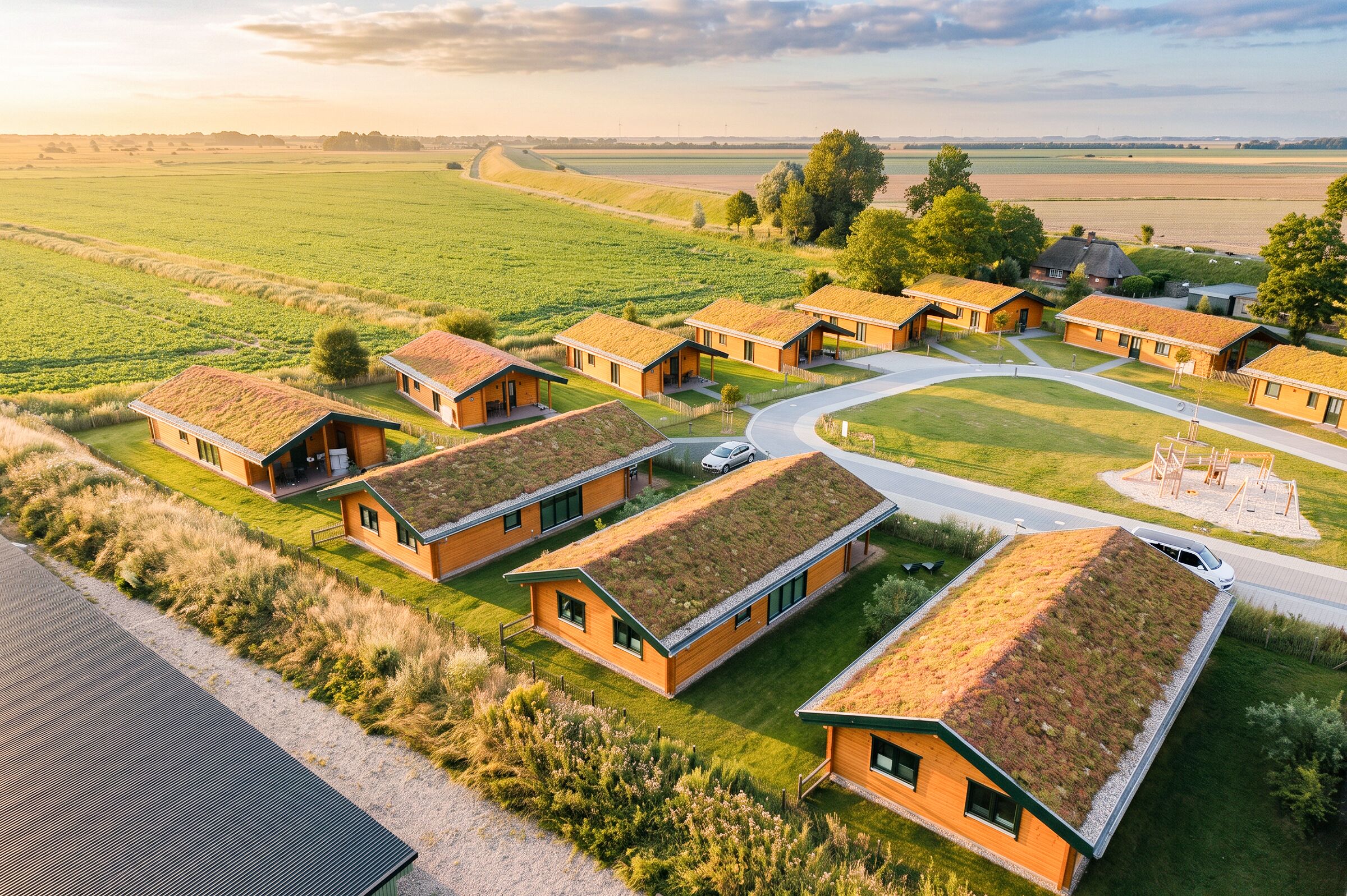 Zona residencial moderna y ecológica con varias casas que tienen techos verdes, dispuestas en una distribución semicircular con un camino central.
