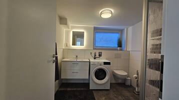 Shower, towels, toilet paper