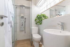 Hair dryer, towels, soap, toilet paper