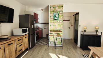 Fridge, microwave, oven, coffee/tea maker