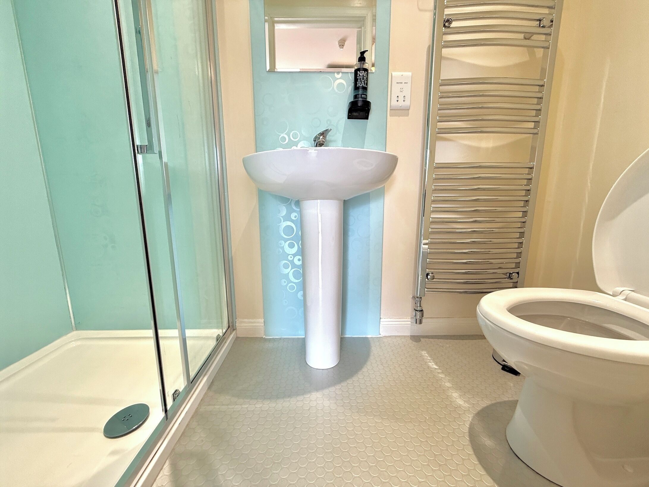 A bathroom with a glass shower enclosure, a pedestal sink, and a toilet.