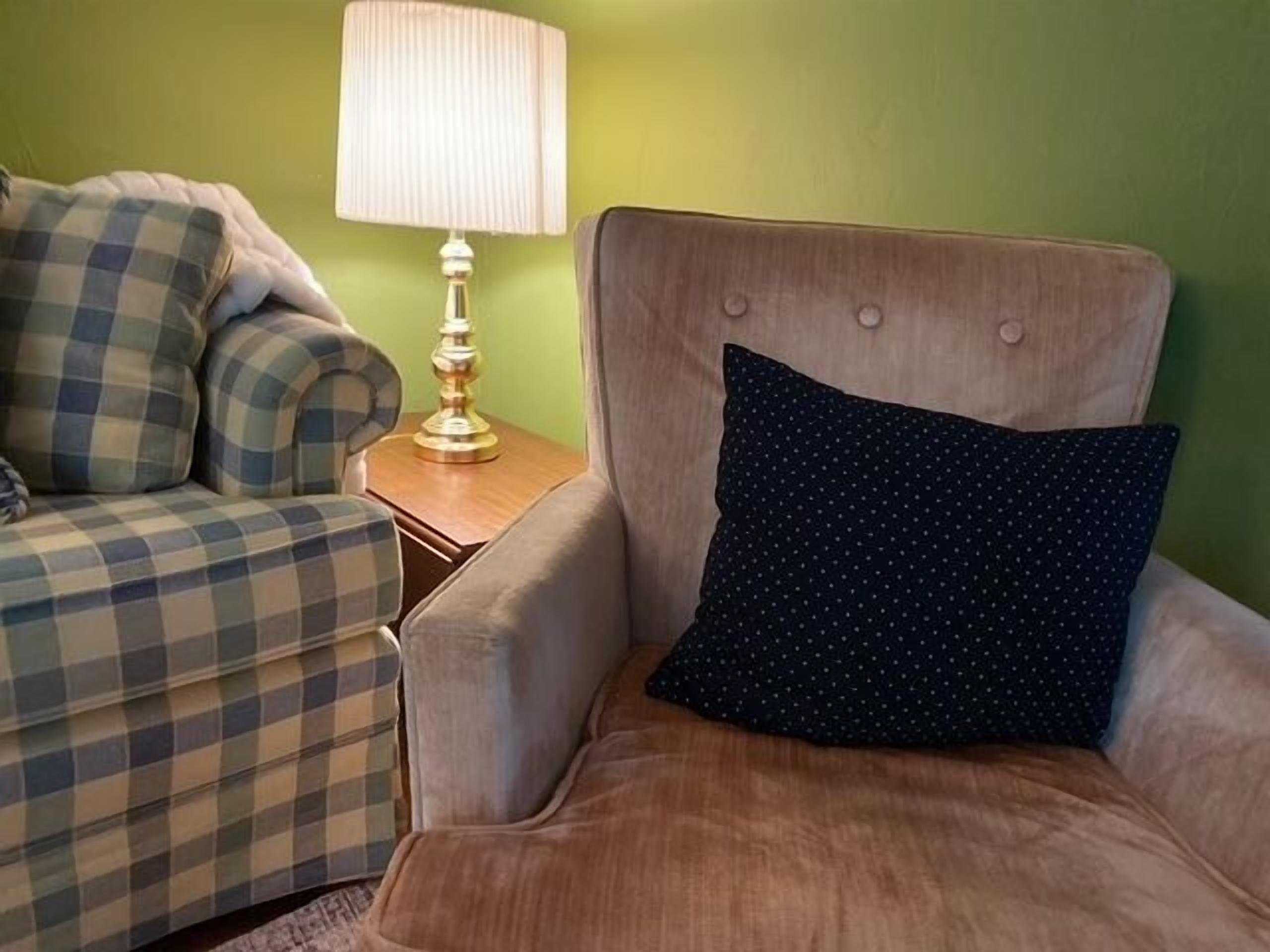 A room with a checkered armchair, a side table with a lamp, and a dark polka dot pillow on a beige armchair.
