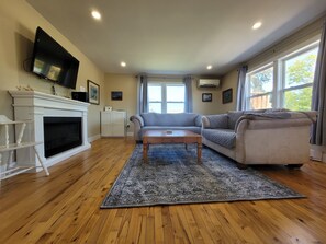 TV, fireplace, books