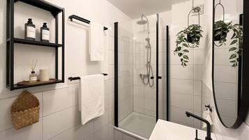Shower, hair dryer, towels, soap