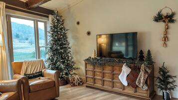 Smart-tv, eldstad och en stereo