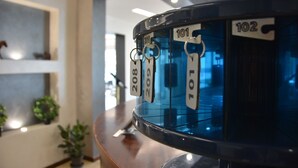 A blue rotating keycard rack with numbered keys, a wooden reception desk, and a wall with shelves and potted plants. - HOTEL  BELLA ROMAGNA     (Ravenna)