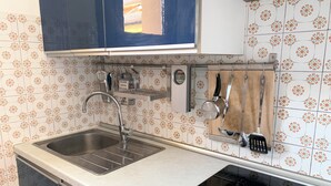 Una cocina con un lavamanos de acero inoxidable, una estufa empotrada y un tendedero con utensilios.