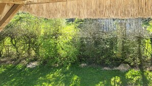 A rustic wooden structure with a thatched roof, surrounded by lush greenery and trees.