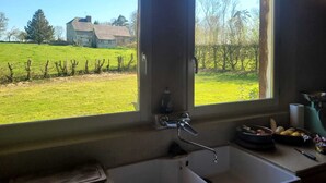 A kitchen with a large window, a sink, and a view of a green field and a house.
