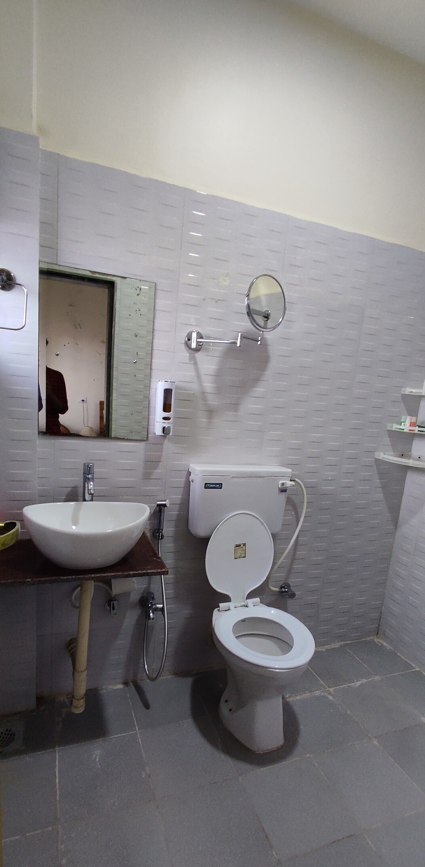 A bathroom with a white sink, toilet, and mirror.