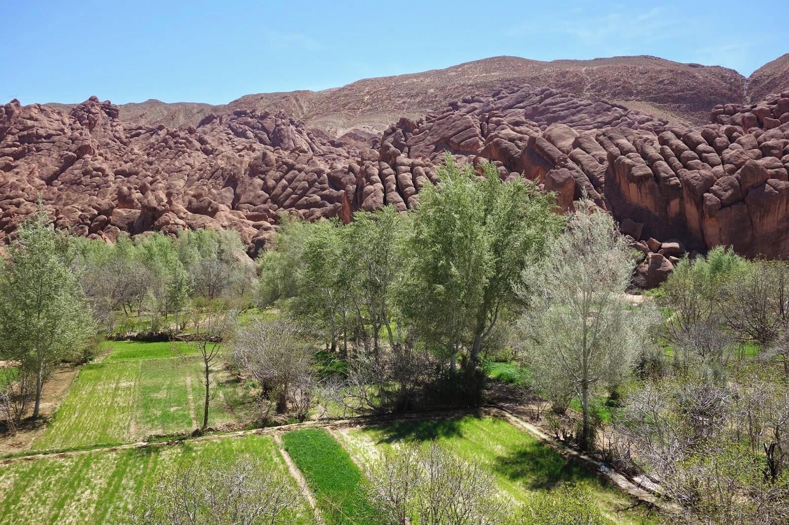 A landscape with rocky formations and green fields.