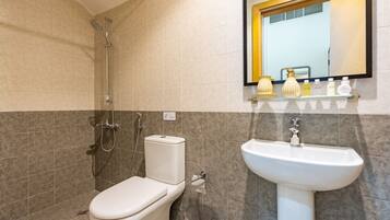 Shower, hair dryer, bidet, towels