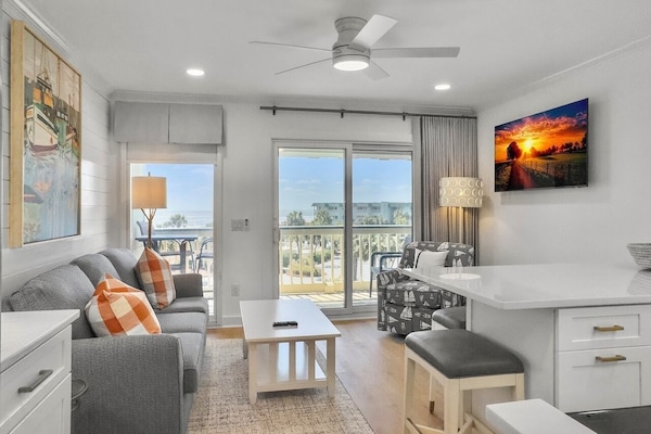 Living Room with Designer Finishes | IOP Escapes The Admiral | Sea Cabins 307A | Top Floor Luxury Oceanfront Condo