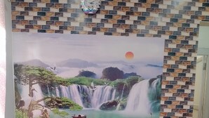 Un salon comprenant un canapé, une table basse et un mur orné d’une fresque représentant une cascade.