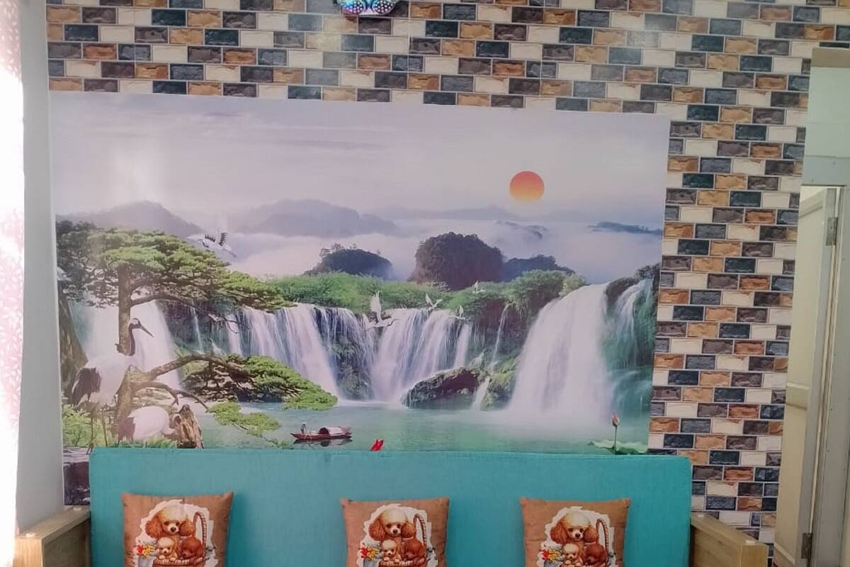 A living room with a sofa, a coffee table, and a wall with a waterfall mural.