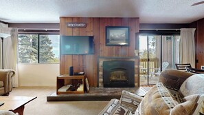 Télévision, cheminée, lecteur de DVD, espaces bureaux