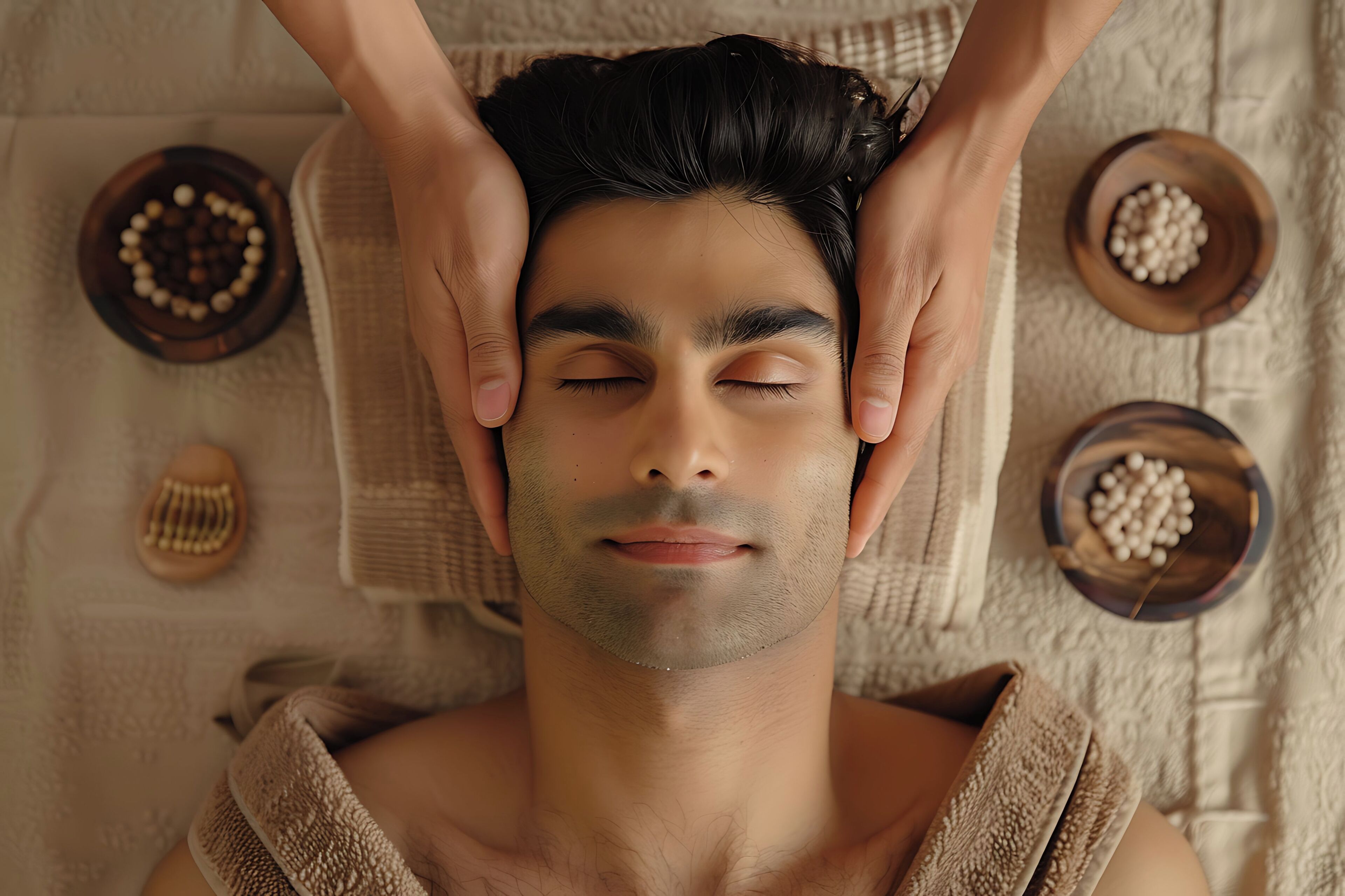 A person receiving a head massage with towels and bowls of beads on a textured surface.