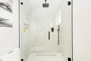 Shower, hair dryer, towels, shampoo