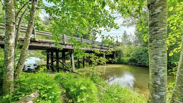 A wooden bridge over a river, surrounded by lush greenery and trees.