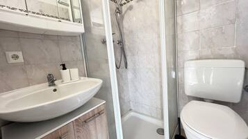 Shower, towels, soap, toilet paper