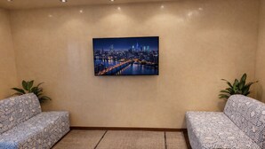 Una habitación con dos sofás estampados, un cuadro de paisaje urbano en la pared y una alfombra en el suelo.