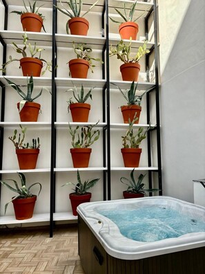 A vertical shelving unit with multiple potted plants and a hot tub in the foreground. - Capri Kronos Design Suites (Anacapri)