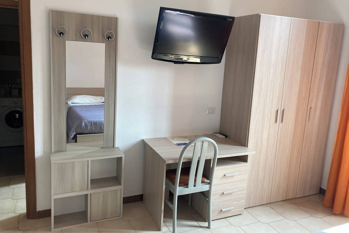 A bedroom with a wooden desk, a chair, a TV mounted on the wall, a wardrobe, and a mirror.