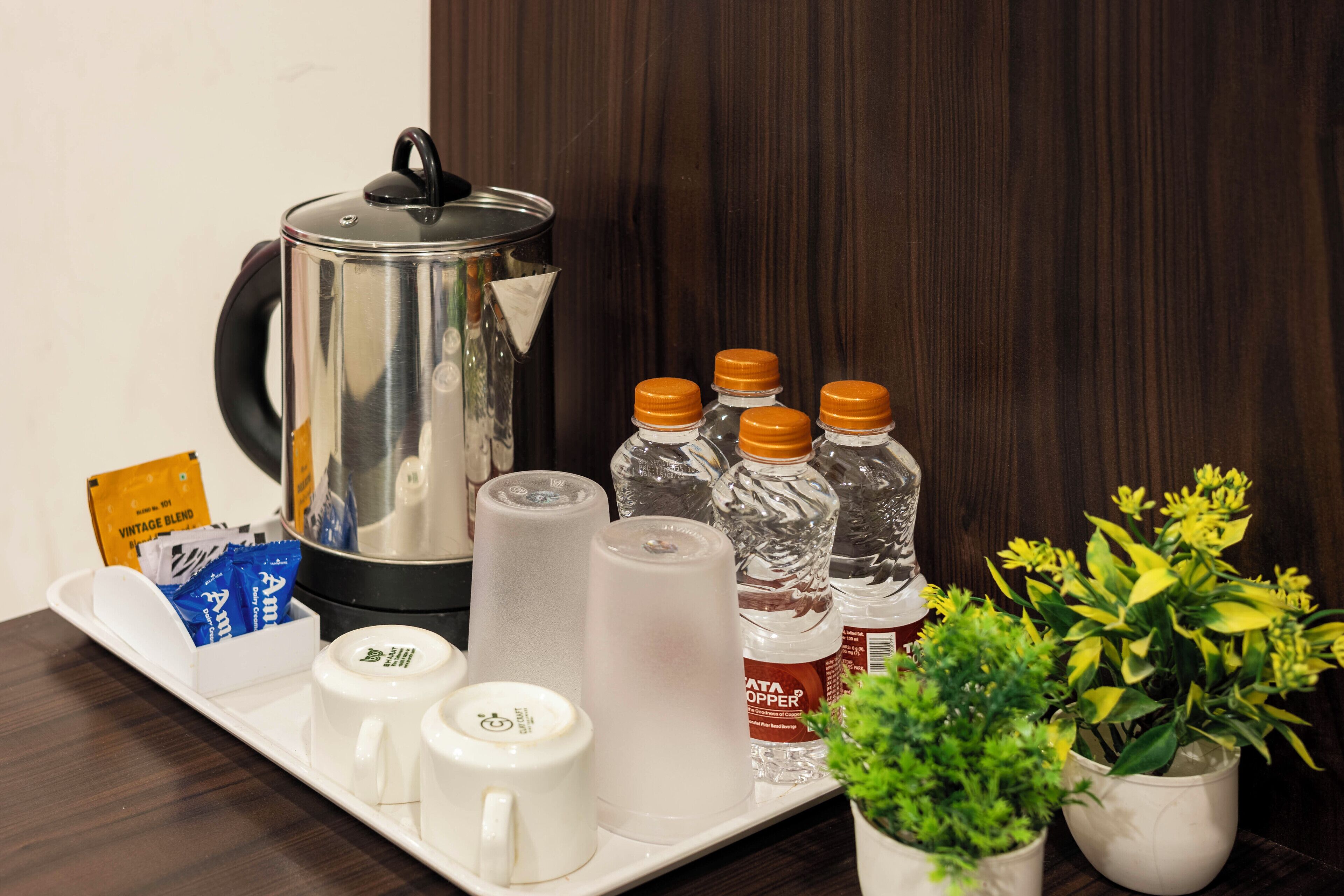 A tray with a kettle, water bottles, a coffee maker, and a small plant.