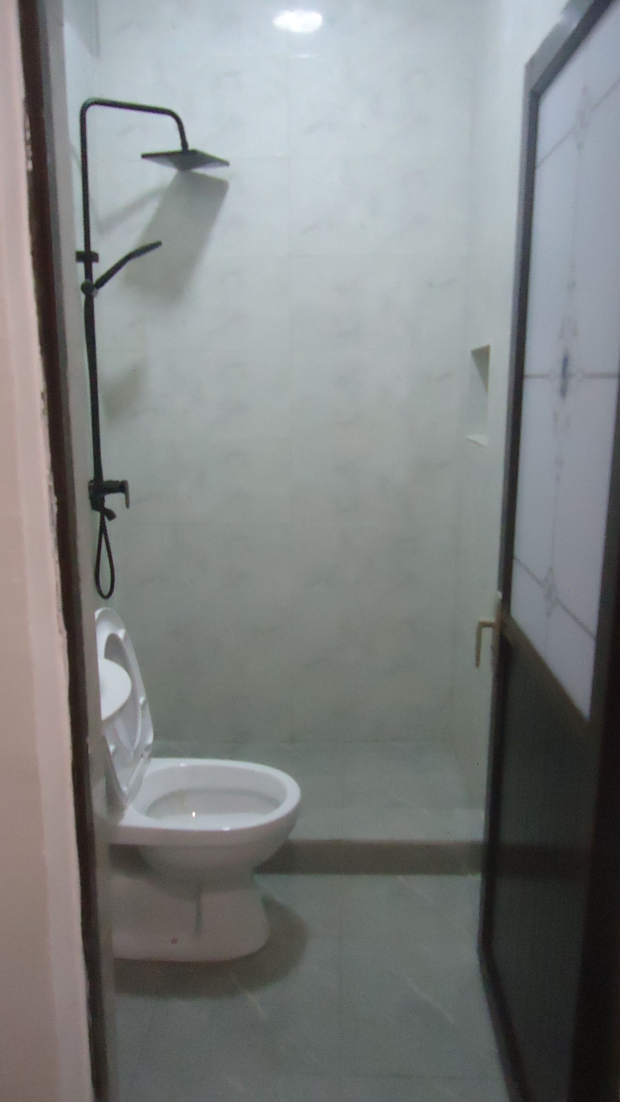 A small, enclosed bathroom with a toilet, a shower, and a glass door.