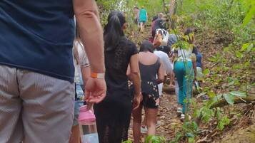 Un grupo de personas caminando por un sendero en el bosque.