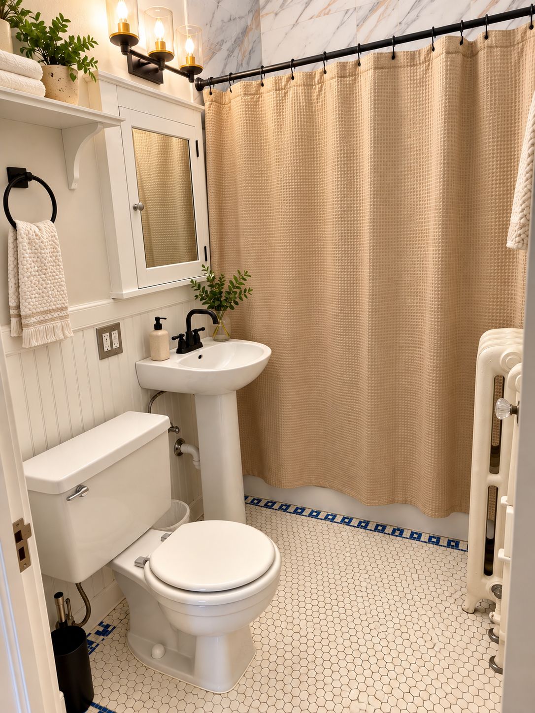 Une salle de bain avec des toilettes, un lavabo et un rideau de douche.