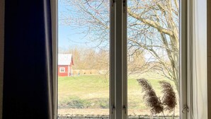 Une vue à travers une fenêtre, avec un mur de pierre, un bâtiment rouge et des arbres sans feuilles.