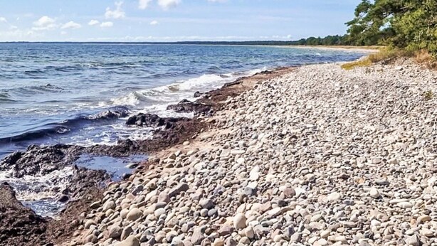A rocky shoreline with waves crashing onto the pebbles and a clear sky above. - 4 Star Holiday Home in Byxelkrok (Byxelkrok)