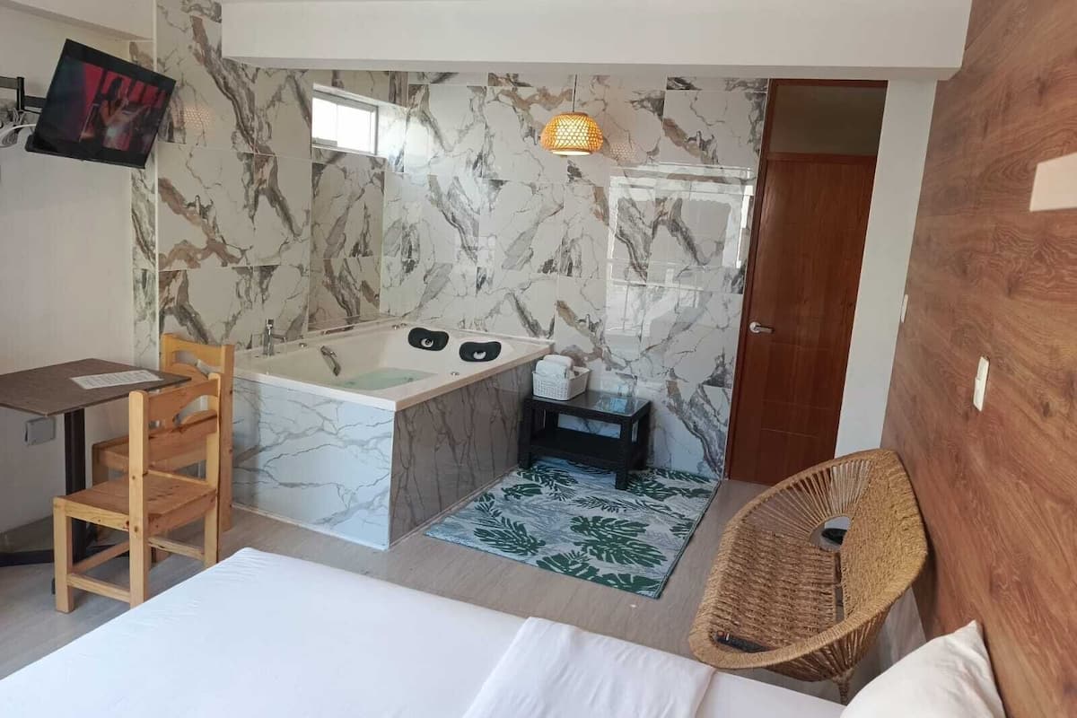 A bedroom with a bed, a wooden chair, a small desk, a TV, a bathroom with a bathtub, a shower, and a wooden door.