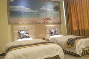 A hotel room with two beds, a large beach mural, and a view of the ocean. - Liuzhou Guihuang Hotel (Luzhai)