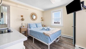 Une chambre à coucher avec un lit, des tables de chevet, une télévision, une fenêtre et un ventilateur de plafond.