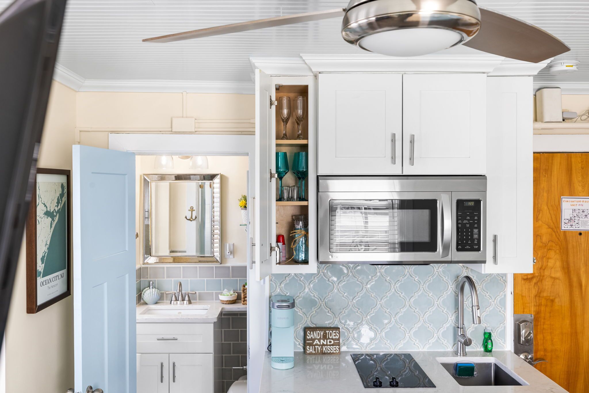 Fridge, microwave, stovetop, coffee/tea maker