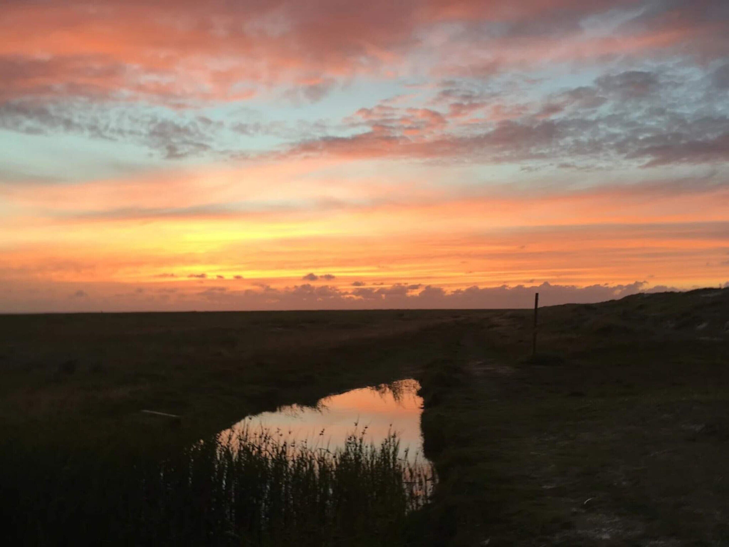 A sunset over a flat landscape with a small body of water and sparse vegetation.