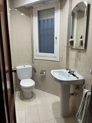 Ein Badezimmer mit Toilette, Waschbecken, Spiegel und einem Fenster mit Vorhang.