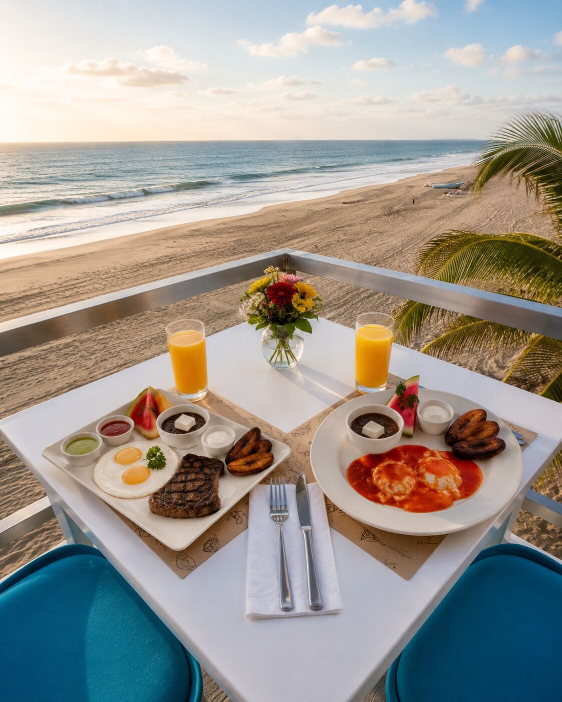 A table with breakfast items, a flower vase, and a view of the beach and ocean.