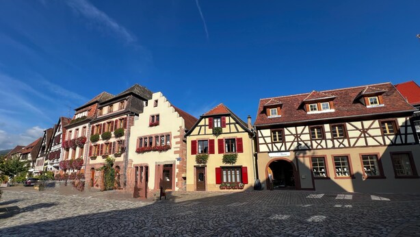 A cobblestone street lined with traditional European buildings, featuring timber framing and red shutters. - La Maison Céleste in Bergheim (Bergheim)