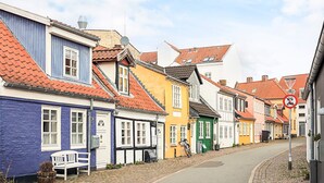 Una estrecha calle adoquinada bordeada por edificios coloridos, cada uno con estilos arquitectónicos diferentes y diseños de ventanas variados.