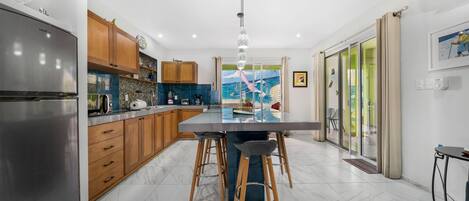 Fridge, microwave, coffee/tea maker, toaster