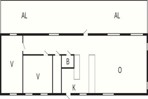 Ein Grundriss mit zwei AL-Räumen, einem V-Raum, einem B-Raum und einem K-Raum.
