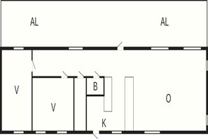 Ein Grundriss mit zwei AL-Bereichen, einem V-Bereich, einem B-Bereich und einem K-Bereich.