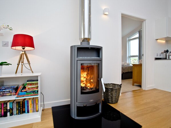 Una sala de estar moderna con una chimenea de leña, una estantería llena de libros y una lámpara roja.