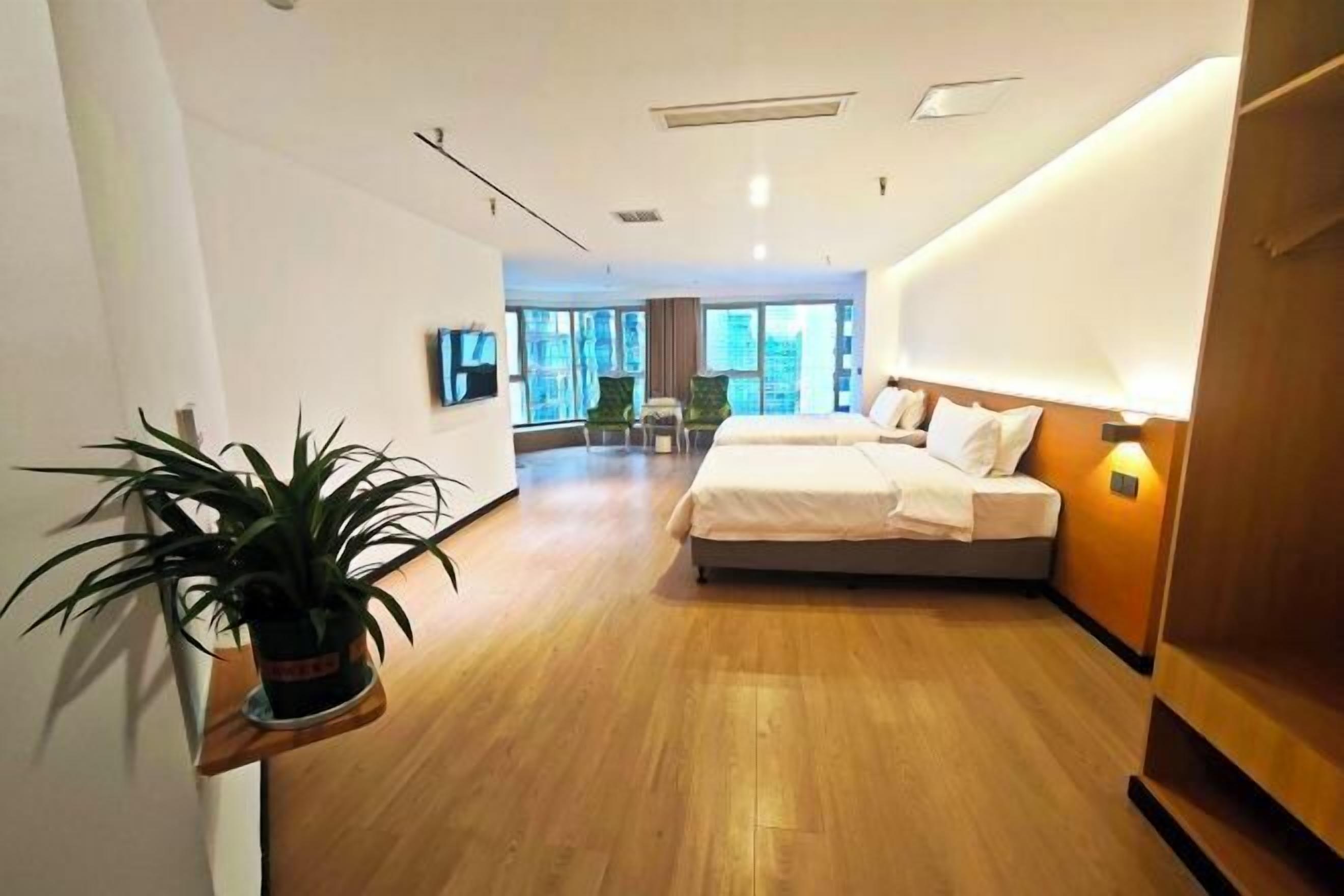 A hotel room with a bed, a potted plant, a TV, and a view of the city.